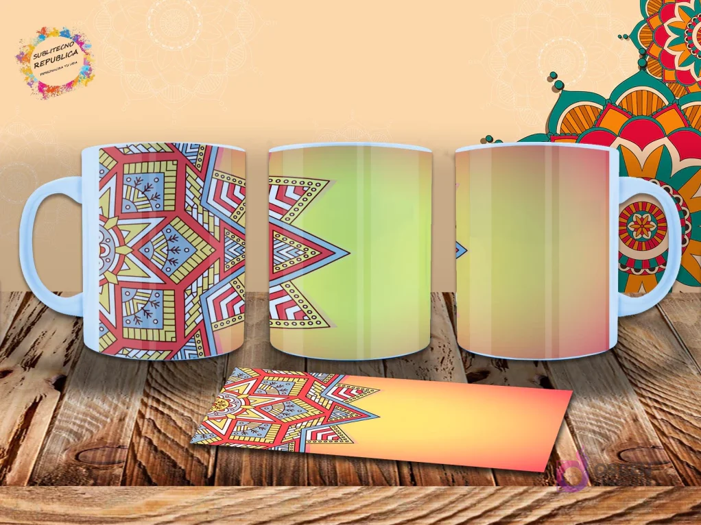 Taza con mandala geométrico en amarillo, rojo y azul sobre un fondo degradado amarillo-naranja, con un diseño angular y moderno.