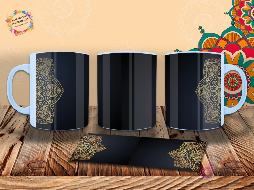Taza con sofisticado diseño de mandala dorado sobre fondo negro, con un borde ornamentado. Elegancia minimalista. Mockup.