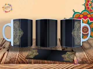 Taza con sofisticado diseño de mandala dorado sobre fondo negro, con un borde ornamentado. Elegancia minimalista. Mockup.