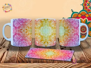 Taza con un patrón de mandala floral blanco intrincado sobre un fondo degradado arcoíris vibrante. Diseño alegre y detallado. Mockup.