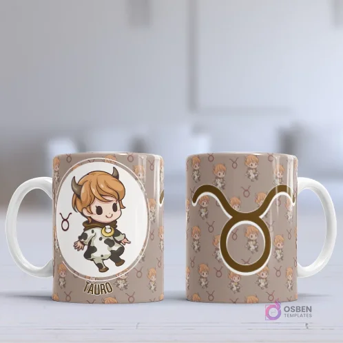 Taza sublimada con diseño chibi del signo Tauro, un niño con cuernos de toro y traje de vaca, sobre fondo beige con patrón del símbolo zodiacal.