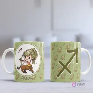 Taza sublimada con diseño chibi del signo Sagitario, una niña centauro arquera, sobre fondo verde claro con patrón del símbolo zodiacal.