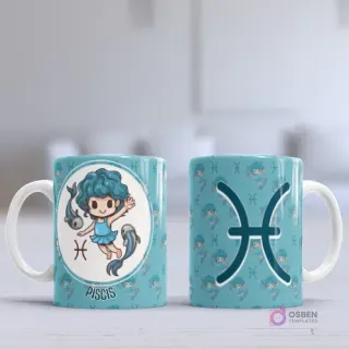 Taza sublimada con diseño chibi del signo Piscis, una niña sirena nadando con peces, sobre fondo azul claro con patrón del símbolo zodiacal.