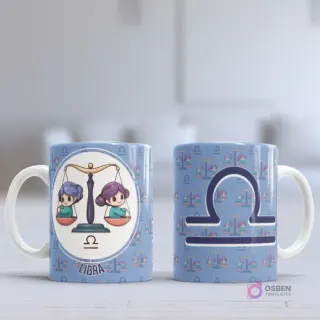 Taza sublimada con diseño chibi del signo Libra, dos niñas en una balanza, sobre fondo azul lavanda con patrón del símbolo zodiacal.