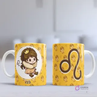 Taza sublimada con diseño chibi del signo Leo, una niña con corona y melena de león, sobre fondo amarillo mostaza con patrón del símbolo zodiacal.