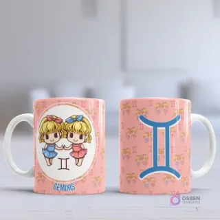 Taza sublimada con diseño chibi del signo Géminis, dos niñas tomadas de la mano, sobre fondo rosa claro con patrón del símbolo zodiacal.