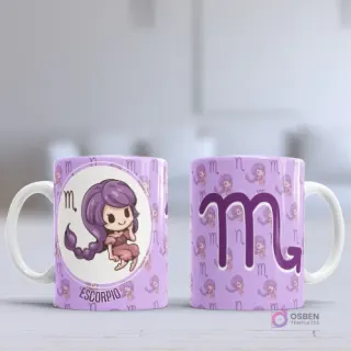Taza sublimada con diseño chibi del signo Escorpio, una niña sentada con cola de escorpión, sobre fondo lila con patrón del símbolo zodiacal.