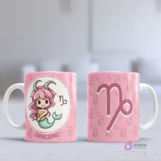 Taza sublimada con diseño chibi del signo Capricornio, una niña con cuernos de cabra y cola de sirena, sobre fondo rosa pastel con patrón del símbolo zodiacal.