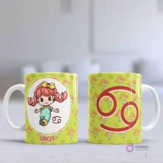 Taza sublimada con diseño chibi del signo Cáncer, una niña con pinzas de cangrejo, sobre fondo verde lima con patrón del símbolo zodiacal.