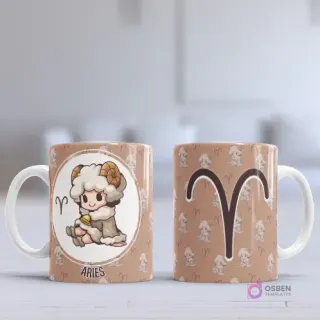 Taza sublimada con diseño chibi del signo Aries, un niño con orejas de carnero y campana, sobre fondo marrón claro con patrón del símbolo zodiacal.