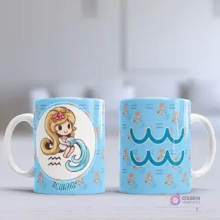 Taza sublimada con diseño chibi del signo Acuario, una niña vertiendo agua de un cántaro, sobre fondo azul cielo con patrón de olas.