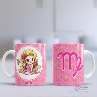 Taza sublimada con diseño chibi del signo Virgo, una niña con vestido rosa y rosas, sobre fondo rosa vibrante con patrón del símbolo zodiacal.