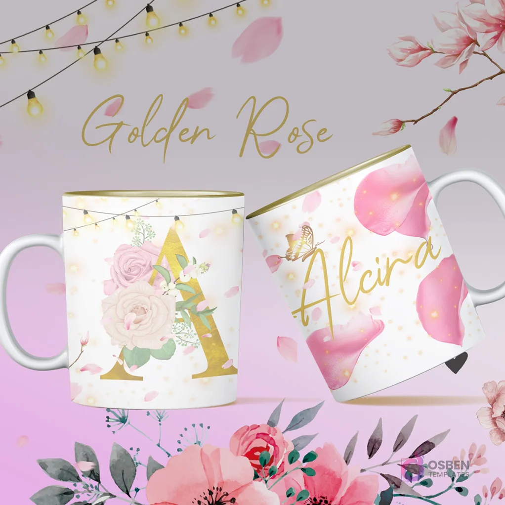 Mockup taza sublimación inicial A y nombre Alcira Golden Rose con rosas y brillos dorados, luces de hadas
