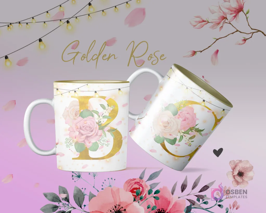 Mockup tazas sublimación iniciales B y C estilo Golden Rose con rosas rosadas y elementos florales