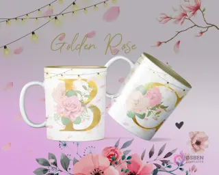 Mockup tazas sublimación iniciales B y C estilo Golden Rose con rosas rosadas y elementos florales