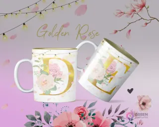 Mockup tazas sublimación iniciales D y E tema Golden Rose, elegantes flores y letras doradas