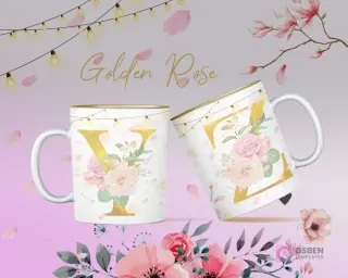 Mockup tazas sublimación iniciales Y y Z diseño Golden Rose, rosas y pétalos, luces decorativas