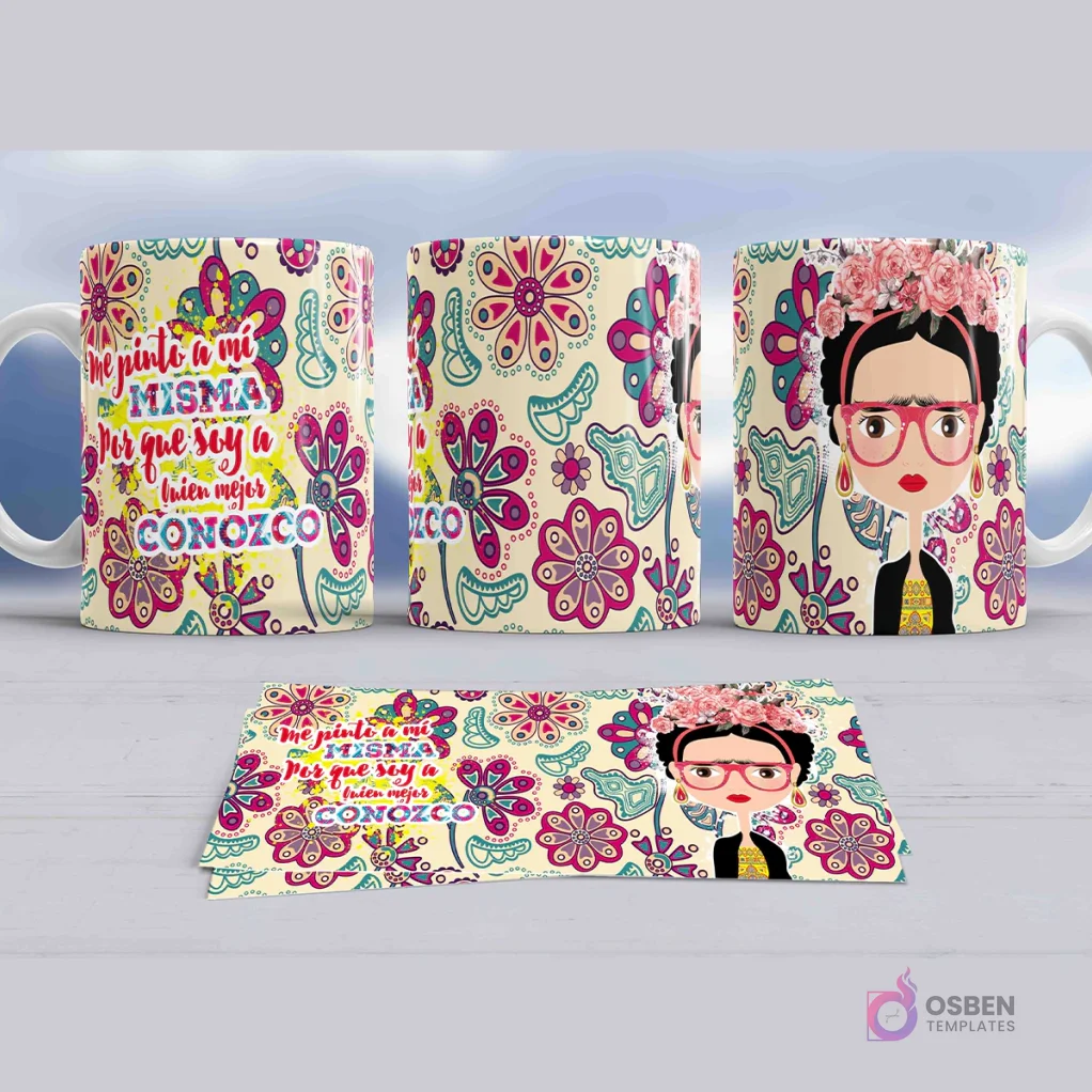 Taza de sublimación con diseño de Frida Kahlo en estilo chibi usando gafas rosadas, con corona de flores y un fondo vibrante de mandalas y flores multicolor, acompañada de la frase 'Me pinto a mí misma porque soy a quien mejor conozco'.