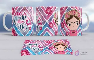 Taza de sublimación con diseño de Frida Kahlo en estilo chibi con corona floral rosa y vestido rosa, sobre un fondo geométrico diagonal en tonos rosas y azules con detalles florales, y la frase patriótica 'Como México no hay dos'.