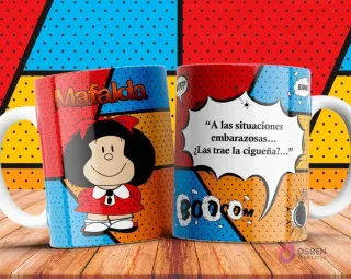 Taza con imagen de Mafalda y el texto 'A las situaciones embarazosas... ¿las trae la cigüeña?...'