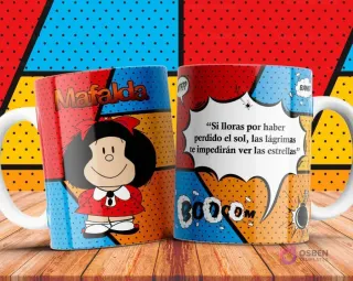 Taza sublimada con Mafalda y la frase 'Si lloras por haber perdido el sol, las lágrimas te impedirán ver las estrellas'