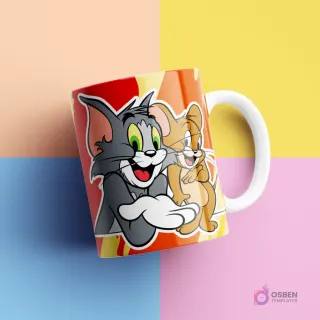 Taza blanca con diseños de Tom y Jerry, el gato y el ratón, sonriendo y en actitud amistosa. Fondo rojo y amarillo abstracto. Fondo de estudio en bloques de color pastel amarillo, rosa, azul y melocotón.