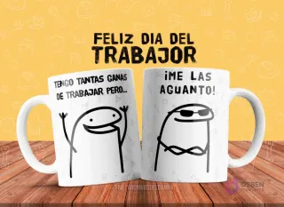 Plantilla de taza de sublimación con dos Flork memes: uno feliz diciendo 'Tengo tantas ganas de trabajar pero...' y otro con gafas de sol respondiendo '¡me las aguanto!'.