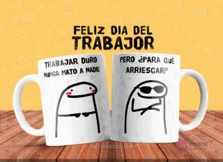 Plantilla de taza de sublimación con dos Flork memes: uno serio diciendo 'Trabajar duro nunca mató a nadie' y otro con gafas de sol preguntando 'pero ¿para qué arriesgar?'.