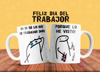 Plantilla de taza de sublimación con dos Flork memes: uno con expresión triste diciendo 'Yo sí sé lo que es trabajar duro' y otro sosteniendo cervezas diciendo 'porque lo he visto!'.