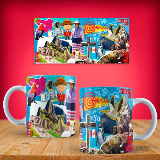 Diseño de taza sublimada con collage de símbolos peruanos: Machu Picchu, llamas, mujer andina, ave, lobo marino, pingüino y texto 'Ya Ya Perú'.