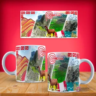 Plantilla de taza sublimada con diseño panorámico de la Montaña de los 7 Colores y Machu Picchu, destacando una llama andina y la bandera peruana.