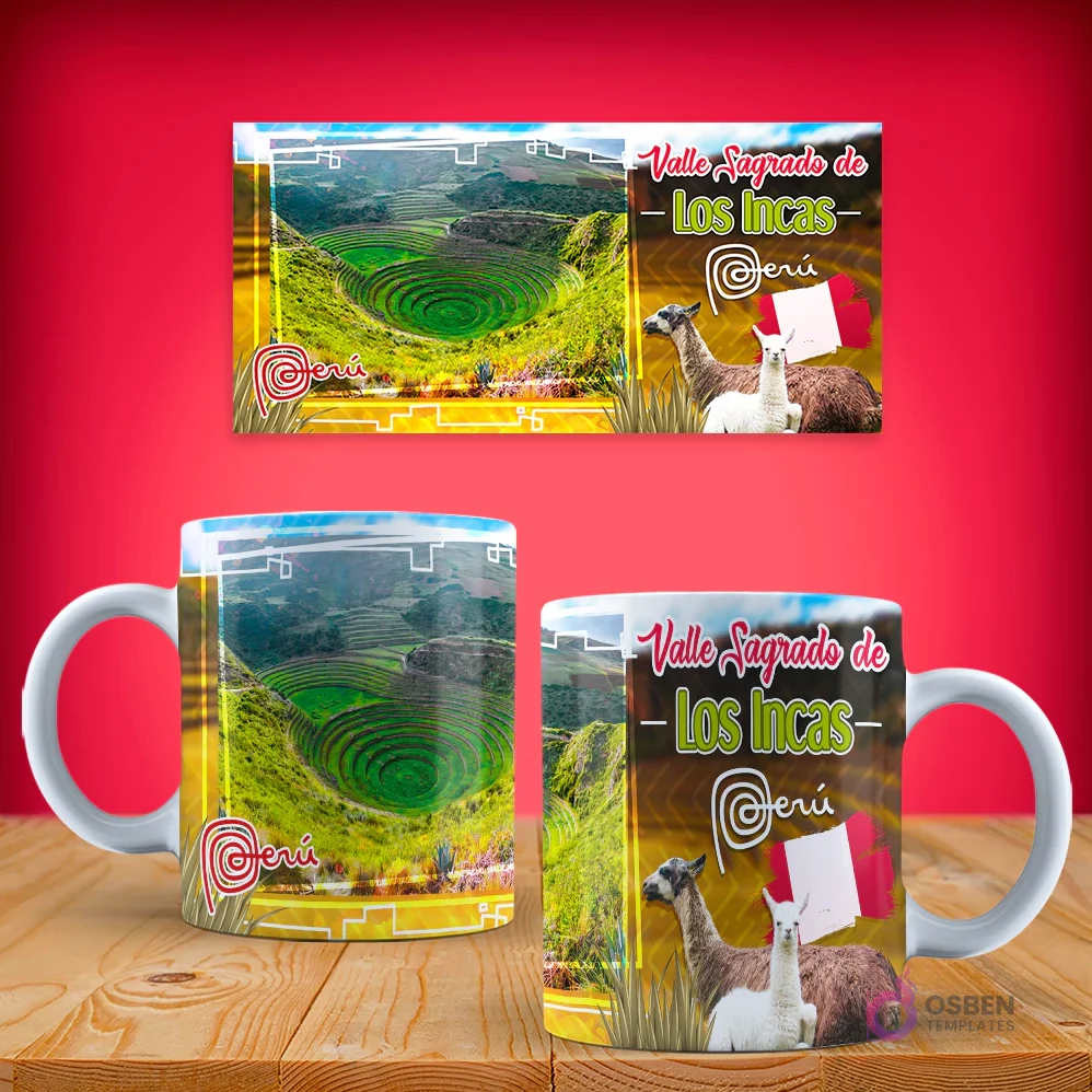 Diseño de taza sublimada del Valle Sagrado de los Incas, mostrando las terrazas agrícolas de Moray y llamas, con texto 'Valle Sagrado de Los Incas Perú'.