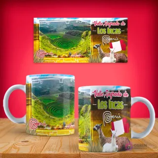 Diseño de taza sublimada del Valle Sagrado de los Incas, mostrando las terrazas agrícolas de Moray y llamas, con texto 'Valle Sagrado de Los Incas Perú'.