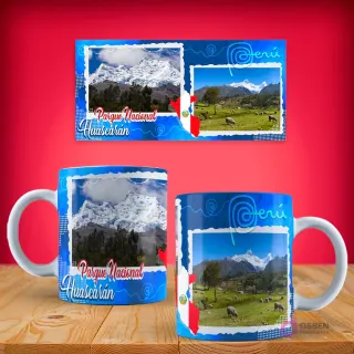 Plantilla para taza con diseño del Parque Nacional Huascarán, mostrando picos nevados y valles andinos con ovejas pastando.