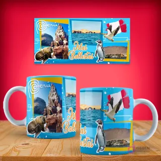 Diseño de taza sublimada de las Islas Ballestas con lobo marino, pingüino de Humboldt, pelícano y el geoglifo El Candelabro, sobre el mar.