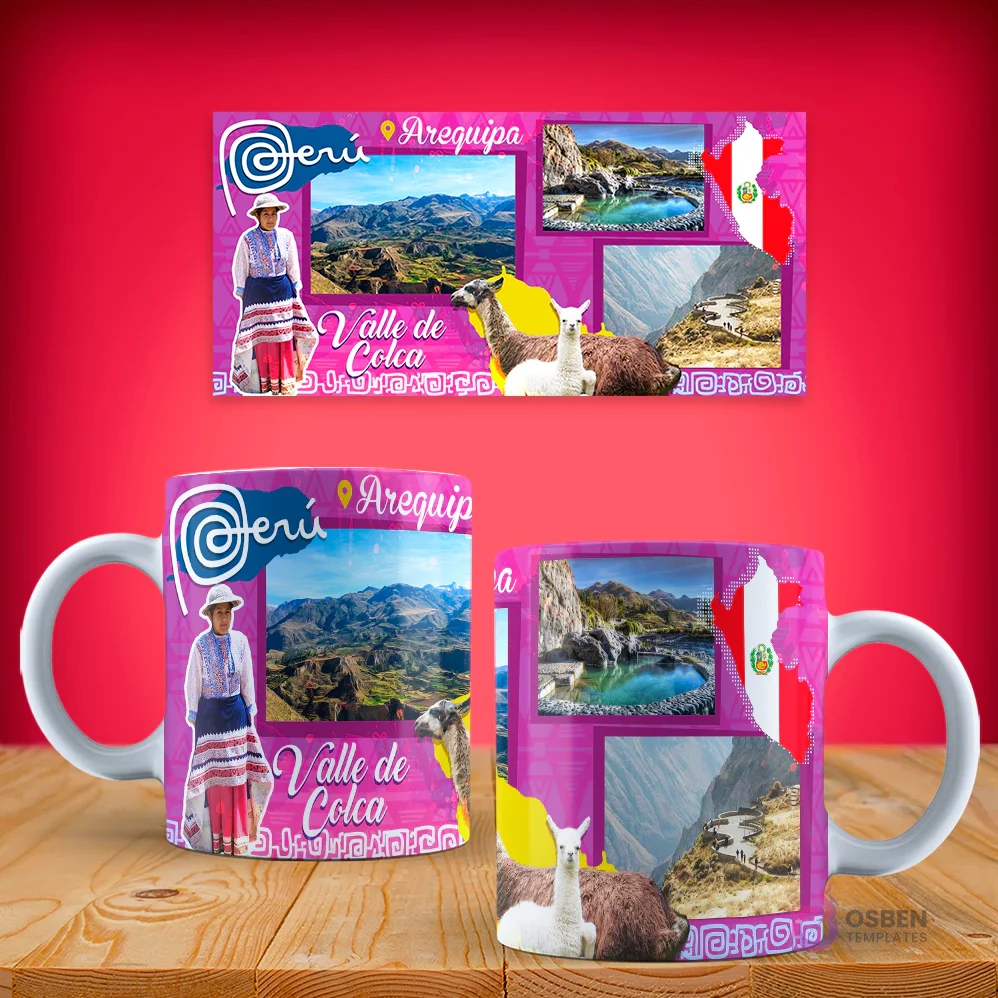 Plantilla para taza con diseño del Valle del Colca en Arequipa, featuring una mujer andina, llamas y paisajes montañosos.