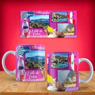 Plantilla para taza con diseño del Valle del Colca en Arequipa, featuring una mujer andina, llamas y paisajes montañosos.