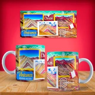 Plantilla de taza con múltiples vistas de la Montaña Arcoíris (Vinicunca) en Cusco, resaltando sus vibrantes colores con el texto 'Vinicunca Montaña Arcoíris'.