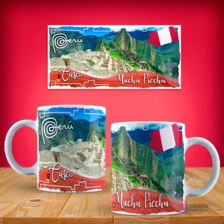 Plantilla de taza sublimada de Machu Picchu, mostrando la majestuosa ciudadela inca y la bandera peruana, con el texto 'Machu Picchu Cusco'.