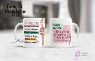 Taza sublimada con diseño para fonoaudióloga femenina, muestra personaje, frase motivacional y opción de personalización para nombre.