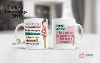 Maqueta de taza sublimada con diseño de fonoaudióloga, incluye ilustración, cita profesional y detalles para personalizar con nombres.