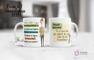 Visualización de taza sublimada para fonoaudiólogo masculino, con diseño de personaje y mensaje de reconocimiento laboral.