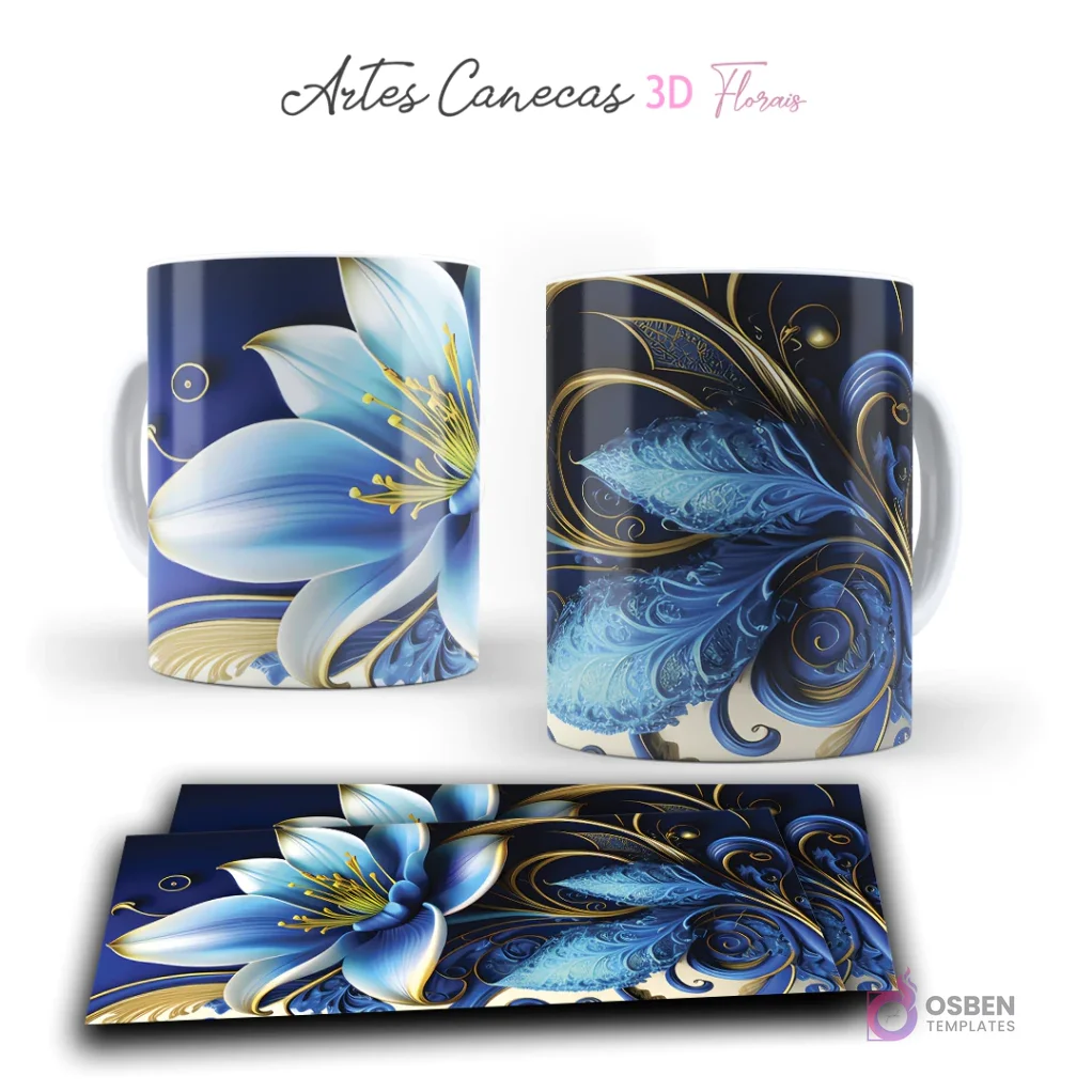Taza sublimada con elegante flor 3D azul vibrante y ornamentos dorados en fondo azul oscuro. Vista frontal y plantilla para sublimar.