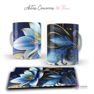 Taza sublimada con elegante flor 3D azul vibrante y ornamentos dorados en fondo azul oscuro. Vista frontal y plantilla para sublimar.