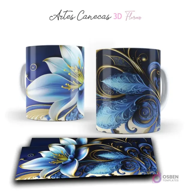Taza sublimada con elegante flor 3D azul vibrante y ornamentos dorados en fondo azul oscuro. Vista frontal y plantilla para sublimar.