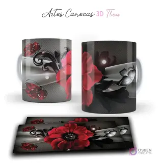 Taza personalizada con flor 3D roja intensa, mariposas sutiles y fondo gris carbón. Vista frontal y plantilla para sublimar.