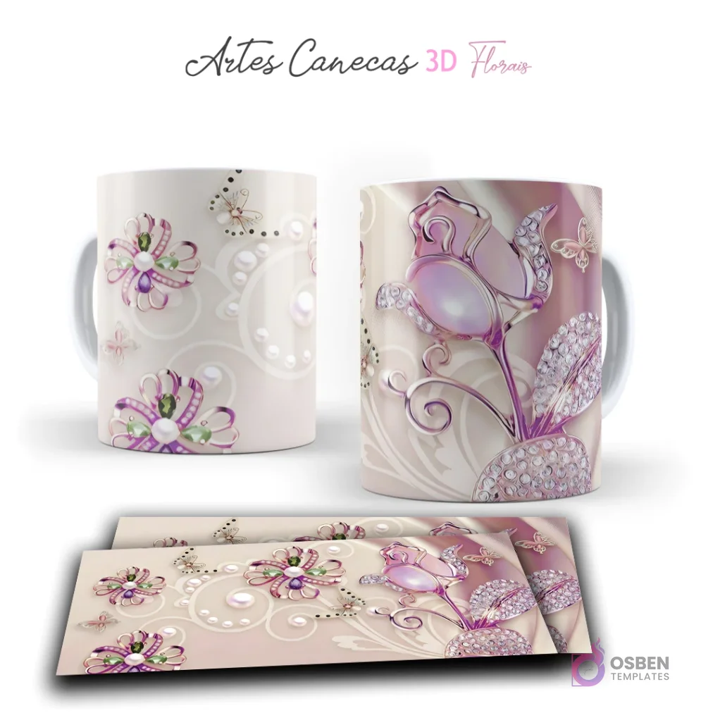 Taza con diseño 3D de rosa morada y joyas, mariposas y perlas sobre fondo beige claro. Vista frontal y plantilla para sublimar.