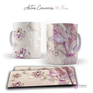 Taza con diseño 3D de rosa morada y joyas, mariposas y perlas sobre fondo beige claro. Vista frontal y plantilla para sublimar.