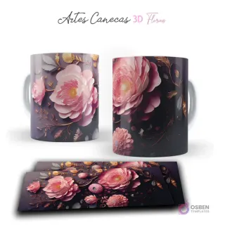 Taza con bellas peonías 3D rosadas y hojas doradas, sobre fondo oscuro texturizado. Vista frontal y plantilla para sublimar.