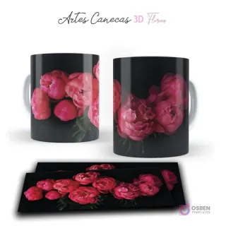 Taza con vibrantes flores 3D fucsias en racimo sobre fondo negro intenso. Vista frontal y plantilla para sublimar.